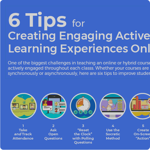 A graphic preview of this multi-page infographic shows 5 of 6 tips outlined for creating engaging active learning experiences online - take and track attendance, ask open questions, reset the clock with polling questions, use the socratic method, and create on-screen action