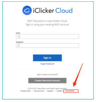 A screenshot of the iClicker Cloud login window with an arrow indicating the accessiblity link in our footer