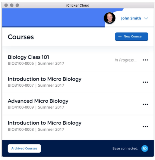 iClicker Cloud instructor web app window shows information for a teacher with four courses