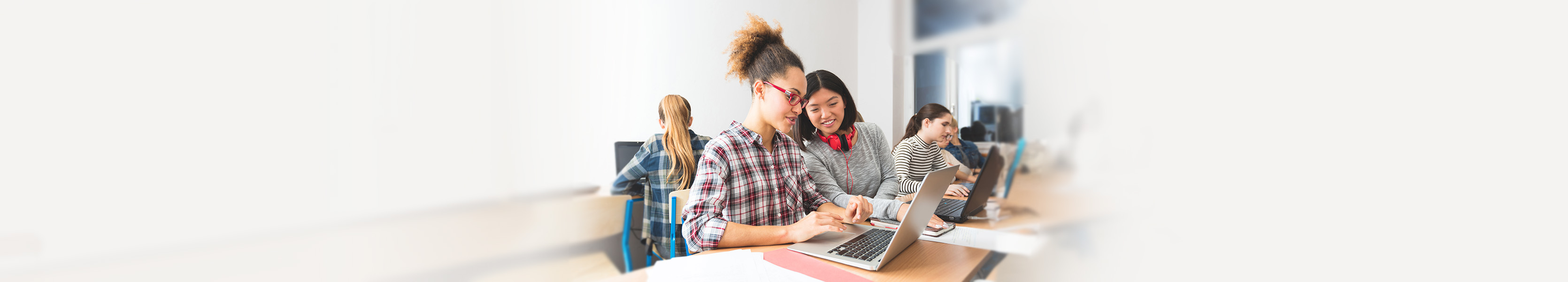 Students learning computer programming, working together